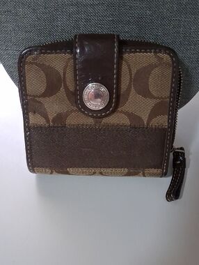 Coach Brown Vintage Signature Canvas Zip-Around Wallet with Leather Trim